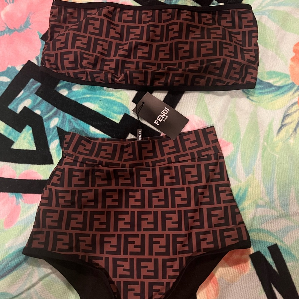 Fendi Black and Brown Logo Swimwear